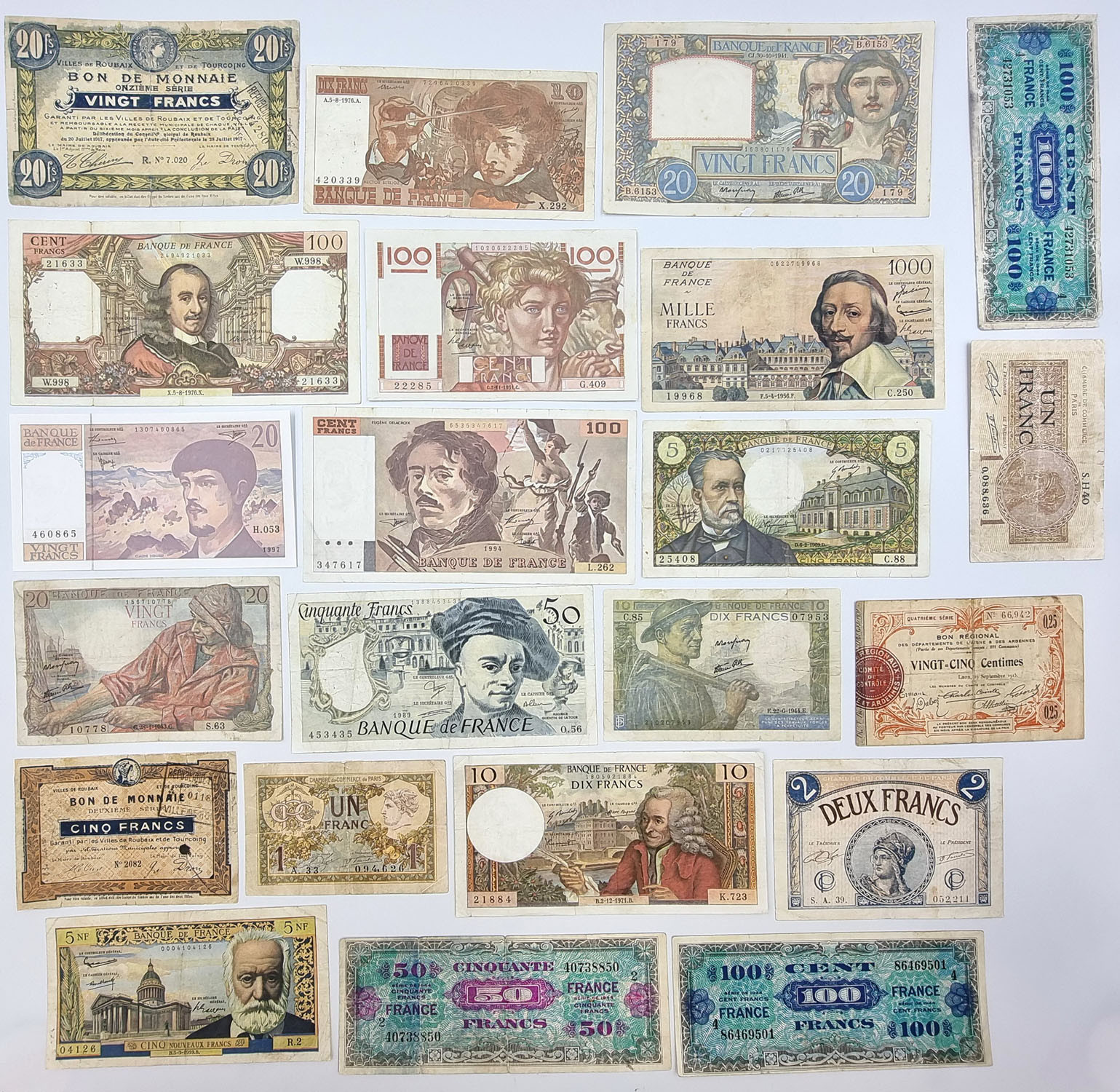 Francja, banknoty, zestaw 34 sztuk